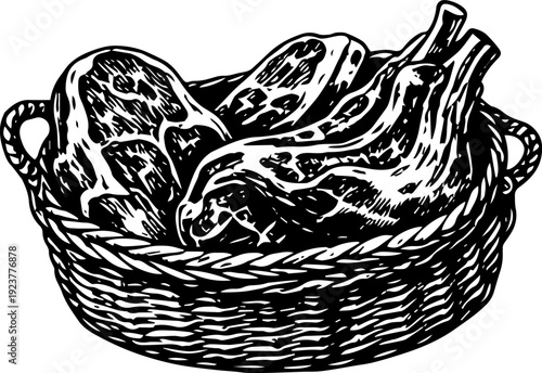 Vintage Engraving Large Bone In Meat Cuts in Wicker Basket
