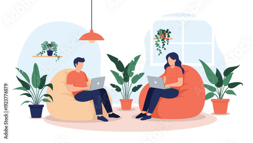 Two people working on laptops while sitting comfortably in bean bag chairs surrounded by lush indoor plants at home.