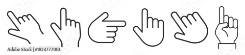 Outline hand pointing gesture icons with index finger left right and up navigation symbols isolated on transparent background