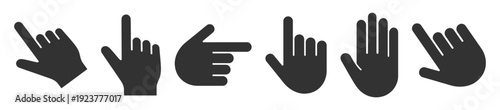 Black silhouette hand pointing gesture icons with index finger left and right direction symbols isolated on transparent background