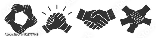 Black silhouette handshake and teamwork icons with unity cooperation and partnership symbols isolated on transparent background