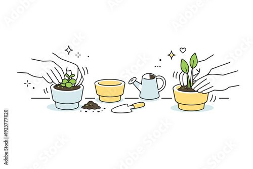 Indoor plant arrangements. Close-up view of hands placing small plants into matching pots. Careful, mindful action with gentle motion lines and dots.
