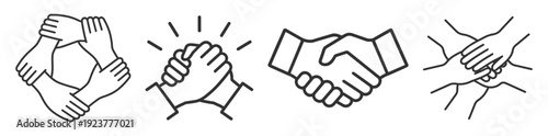 Outline handshake and teamwork icons with unity cooperation and partnership symbols isolated on transparent background
