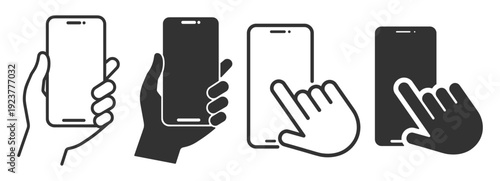 Hand holding smartphone and touch screen icons in silhouette and outline style isolated on transparent background