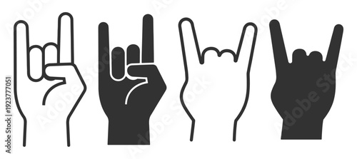 Rock hand horn gesture icons in silhouette and outline style isolated on transparent background