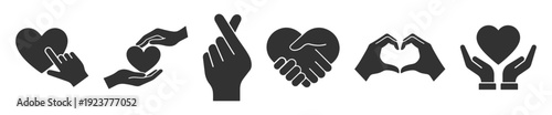 Black silhouette hand and heart icons with love charity care and donation symbols isolated on transparent background