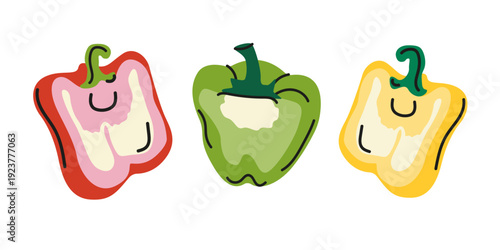 Various bell peppers halves in groovy doodle style. Ripe fresh vegetables set. Farm organic food concept. Vector illustration isolated