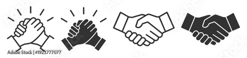 Handshake and partnership icons in outline and silhouette style with cooperation agreement and business symbols isolated on transparent background