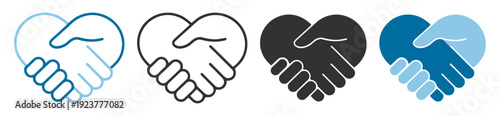 Handshake in heart shape icon set, partnership agreement love support trust cooperation charity symbol vector isolated on transparent background