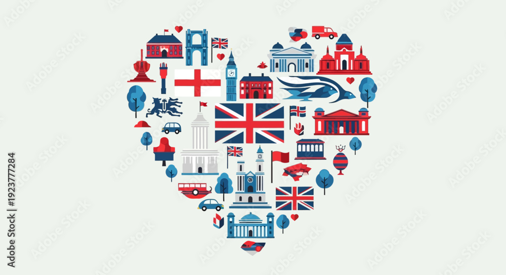 Obraz premium London Icons and Union Jack Flag Heart Shape Illustration of United Kingdom Landmarks