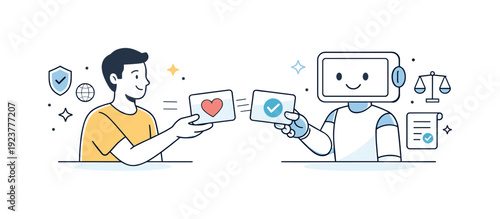 Human and robot exchange cards, symbolizing trust and verified data exchange