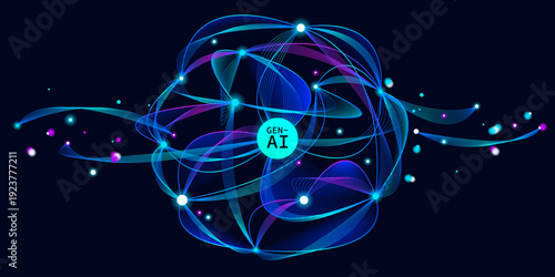Illustration of abstract stream, AI brain concept. Artificial intelligence. Big data, technology, AI, data transfer, data flow, large language model, generative AI, LLM, NLP. NLG