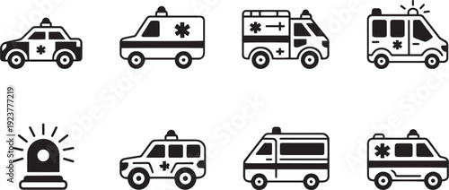 A Collection of Emergency Vehicle Icons Featuring Ambulances Police Cars and a Siren Isolated on a Transparent Background