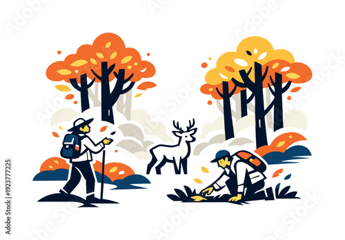 Luminous Autumn Forest. Glowing autumn woodland. Tall trees with luminous orange and amber leaves illuminate