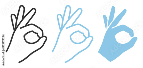 OK hand gesture icon set, outline and solid approval sign symbols isolated on transparent background