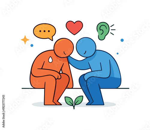 Empathy in Abstract. Empathy representing active listening and emotional support between people. A calm editorial scene with abstract characters leaning toward