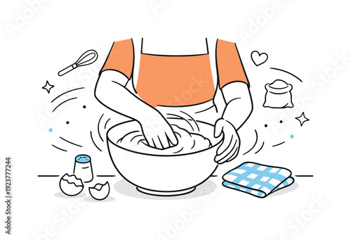 Home cooking from scratch. Mixing dough or batter in a bowl by hand, slow repetitive movement and tactile process, sense of care