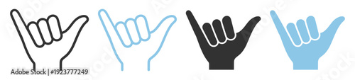 Shaka hand gesture icon set, outline and solid hang loose aloha sign symbols isolated on transparent background