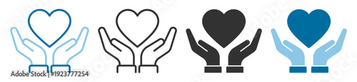 Hands holding heart icon set, outline and solid love care support symbols isolated on transparent background