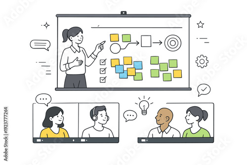 Virtual workshop facilitation. Online whiteboard session with sticky notes and simple diagrams, participants watching attentively. Focused co-creation and