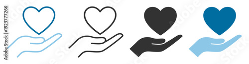 Hand holding heart icon set, outline and solid love care support symbols isolated on transparent background