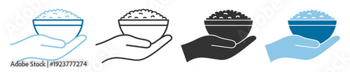 Hand holding rice bowl icon set, outline and solid food donation charity symbols isolated on transparent background