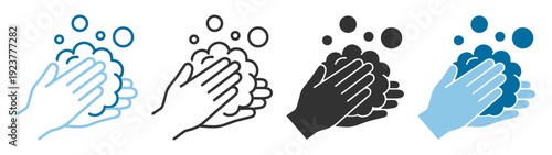 Hand washing with soap icon set, outline and solid hygiene clean protection symbols isolated on transparent background