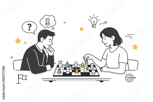 Strategy board games. Two players sitting at a table, calmly planning moves over a chess-like board. The mood is quiet competition and mutual respect, with