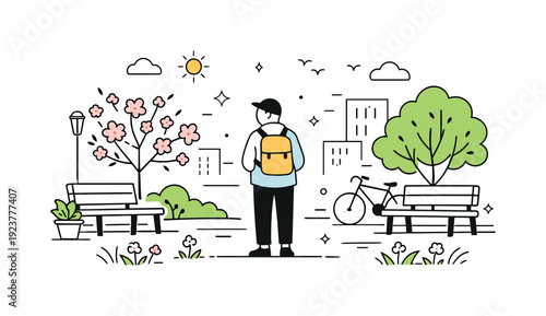 Young person with backpack enjoying a sunny day in a city park with blooming trees and bicycle