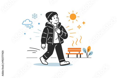 People testing warmth outdoors. A person pauses mid-walk, jacket unzipped slightly, noticing warmth on the street. Transition between cold