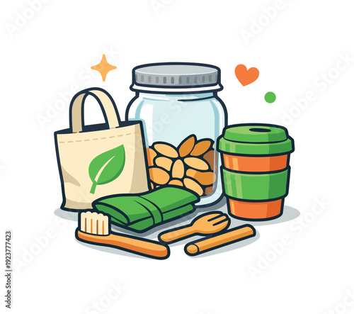 Sustainable lifestyle represented as a compact badge with a glass jar, reusable items, and subtle sparkles, conveying low waste routines and