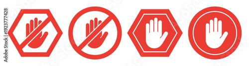 Red stop hand icon, prohibition and warning symbol in hexagon and circle shapes, solid safety sign on transparent background