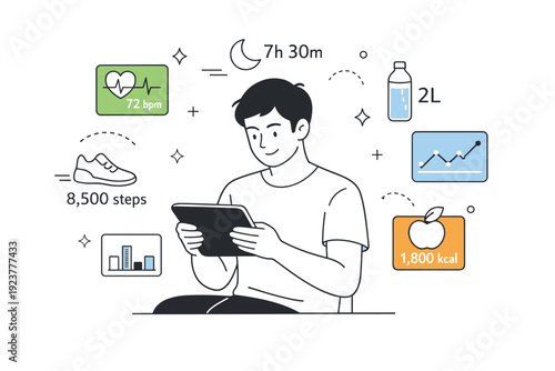 Personalized health tracking. A person calmly reviewing health data on a tablet, with charts and gentle indicators floating around. Focused