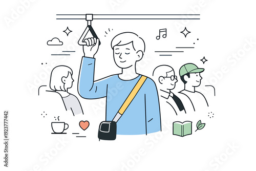 Quiet bus ride mindfulness. A person standing in a bus or tram holding a handrail, breathing calmly and observing fellow passengers, without distractions.