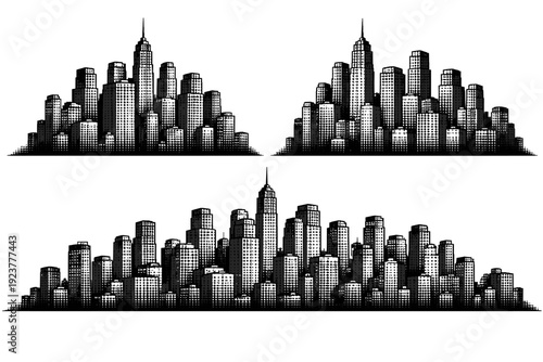 City skyline silhouette classic metropolis. A dense metropolitan skyline with rectangular mid-century buildings, stepped rooftops, and
