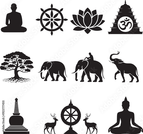 A diverse collection of sacred Asian and Buddhist symbols presented as bold black silhouettes