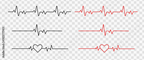 Heart rate pulse graph. Heartbeat icon. ECG, EKG test report. Electrocardiogram line symbol. Heart rhythm sign. Transparent png and vector illustration.