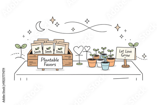 Plantable wedding favors. Small pouches of seeds or mini potted plants placed on a wedding display table, floating decorative elements of stars, sprouts, and