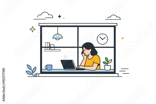 Windows as framing devices. Person seen through a large window, quietly working or resting inside, interior and exterior clearly separated.