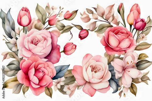 Watercolor floral border with roses, magnolias, and tulips in pastel shades isolated on white background.