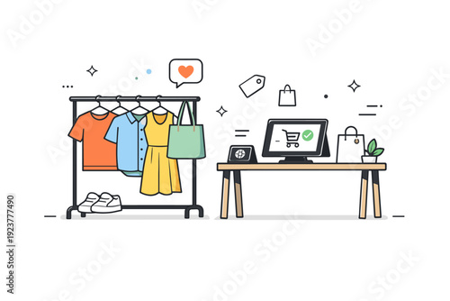 Small business pop-up retail. A compact clothing rack and checkout tablet at a temporary shop, modern retail and flexible selling concept. Minimalist flat