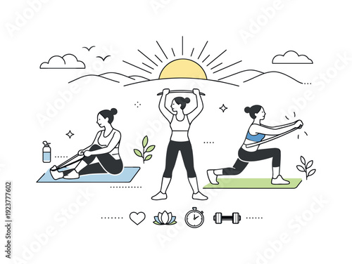 Sunrise Band Workout. Morning outdoor resistance band routine. Calm scene with sunrise elements, bands, and stretching poses, expressing mindful start of the