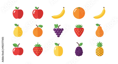 A vibrant assortment of various fruits displayed in a flat design style on a white background