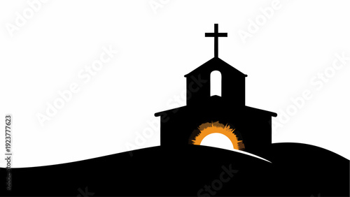 Serene church silhouette at sunset on hilltop with cross