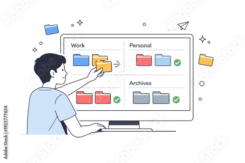 Digital file organization systems. A person neatly arranging folders on a computer screen, dragging files into clearly labeled sections. Calm digital workspace