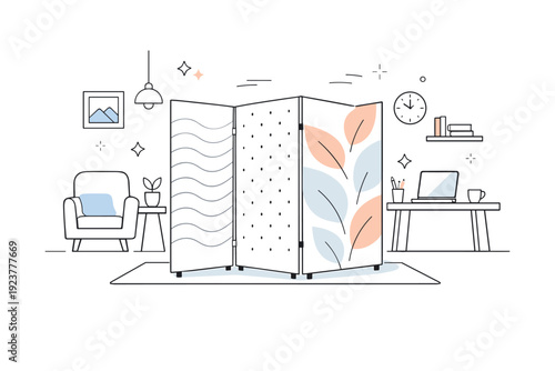 Modern room divider. Folding panels with soft patterns subtly separating zones in a clean interior. Illustration highlights functionality and