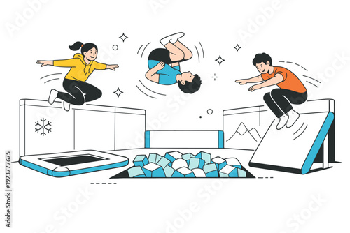 Winter indoor trampoline parks ? Teens practicing jumps and flips indoors. Dynamic but clean scene with motion lines, padded walls, safe playful environment