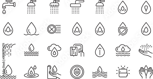 A collection of thin line icons representing various aspects of water usage and conservation