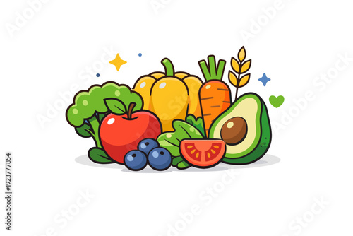 Organic food fresh vegetables and fruits arranged with natural balance, conveying healthy eating, sustainability and trust in clean