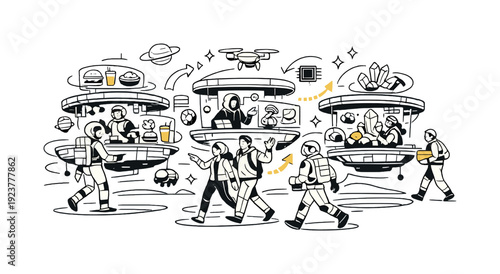 Mars bazaar of the future. Market stalls hover above the red ground, holographic displays